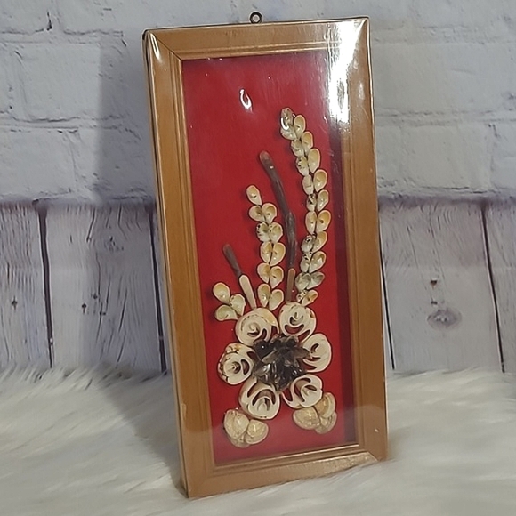 Vintage Other - Vintage Sealed Shell Art Floral Red Velvet Wood Frame Made in Philippines Decor